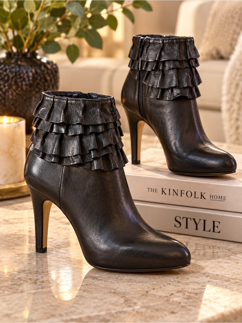 Nine West 0510 Vintage 2000s Black Leather Ruffle Boots | Size 7.5